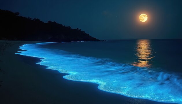 Night beach scene with glowing blue bioluminescent waves crashing on sand. Full moon shines brightly on dark sea horizon reflecting golden light.