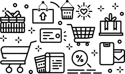 Shopping icons: cart, gifts, credit card, smartphone, receipt, discount