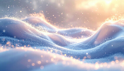 A serene, ethereal landscape featuring rolling snow-covered hills with sparkling particles.