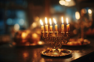 luxury hanukkah menorah with glowing candles in elegant interior setting, ornate metal design reflected on polished surface, festive jewish holiday symbol for celebration decor and seasonal greeting 