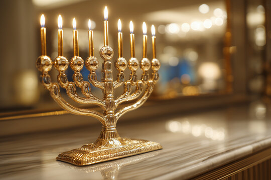 luxury hanukkah menorah with glowing candles in elegant interior setting, ornate metal design reflected on polished surface, festive jewish holiday symbol for celebration decor and seasonal greeting - Powered by Adobe