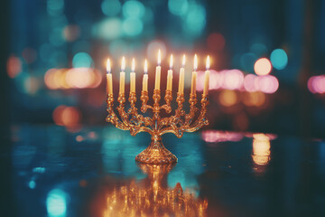 luxury hanukkah menorah with glowing candles in elegant interior setting, ornate metal design reflected on polished surface, festive jewish holiday symbol for celebration decor and seasonal greeting