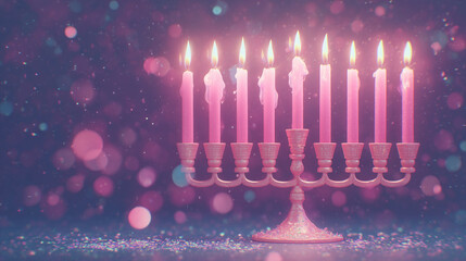 festive hanukkah illustration featuring glowing pink menorah with melting candles, soft sparkles creating magical holiday atmosphere for seasonal greetings, banners and celebration themes