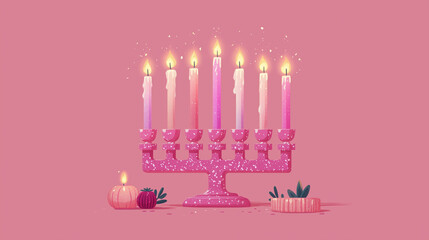 festive hanukkah illustration featuring glowing pink menorah with melting candles, soft sparkles creating magical holiday atmosphere for seasonal greetings, banners and celebration themes