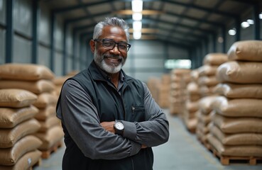 Smiling, mature African American businessman with glasses stands confidently inside spacious industrial warehouse. Sme owner crosses arms among large stacked sacks of varied products. Actively