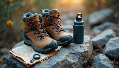 Brown leather hiking boots rest on a rock with folded map and compass. A dark green water bottle stands nearby on mossy ground in blurred autumn foliage and rocks.