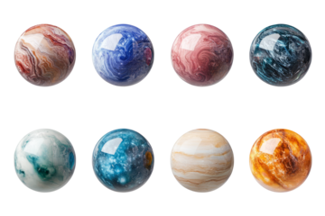 Set of glowing fantasy planet spheres