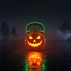 A spooky kettlebell pumpkin glows in the dark on halloween night