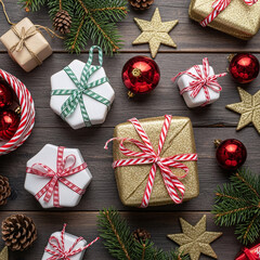 Festive christmas gifts and ornaments arranged on a wooden surface