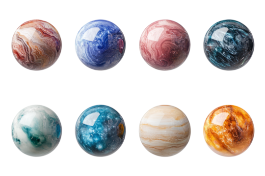 Set of glowing fantasy planet spheres