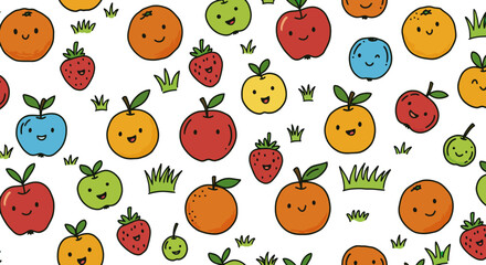 cute fruit characters pattern happy apples oranges strawberries and grass on white ideal for childrens healthy food design.