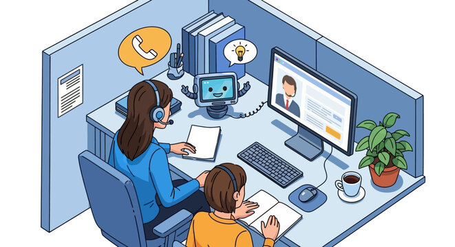 customer service agent training colleague with an ai robot in modern office showcasing technology-enhanced support and collaborative learning.