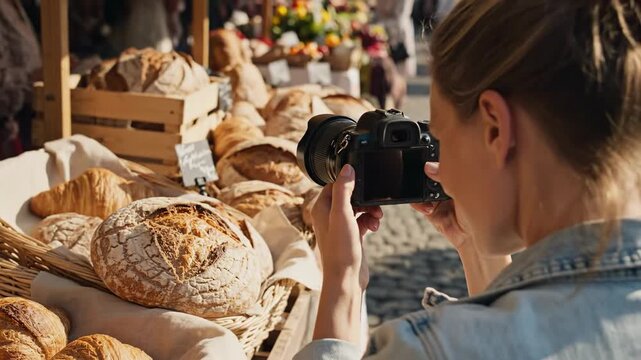 Cinematic over-the-shoulder video footage of a female photographer taking pictures of artisan bread at a bakery market stall, focusing on food styling and creative documentation.
