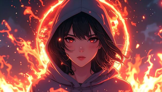 Animated woman with red eyes in a hooded sweatshirt amid vibrant flames and a halo of fire - Powered by Adobe
