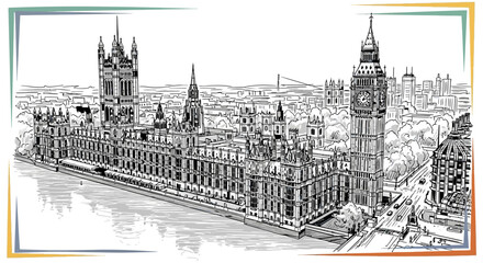 Obraz premium london houses of parliament big ben an intricate hand-drawn sketch of the iconic british landmark by the river thames.