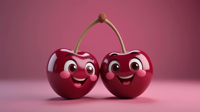 Adorable pair of cartoon cherries with happy smiling faces, playfully connected by their stem, radiating joy and sweet companionship against a vibrant pink backdrop