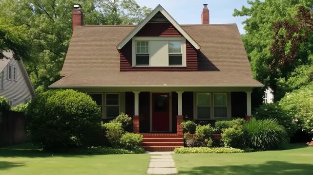A charming red and white cape cod house with a gabled roof, surrounded by lush greenery and a well-maintained lawn