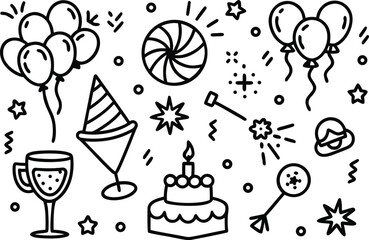Hand drawn party elements: balloons, cake, hat, confetti, and drinks 60