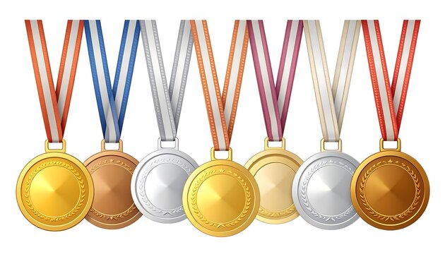 An array of medals, gold, silver, & bronze, suspended by striped ribbons, symbolizing achievement & competition