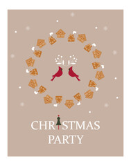 Christmas card with a frame made of gingerbread houses and red cardinal birds Festive decor Christmas banner with cookies Vector illustration