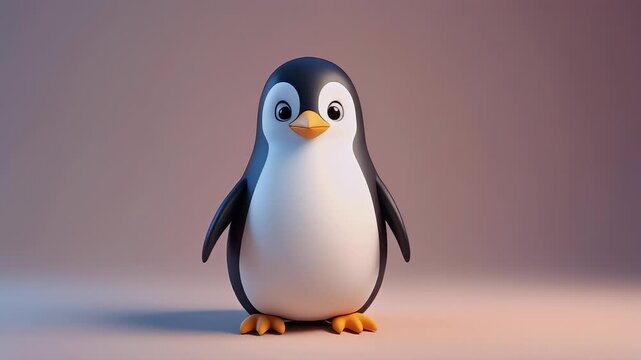 Adorable 3D rendered toy penguin with a charming expression. This cute Antarctic bird character is isolated on a simple, minimalist studio background