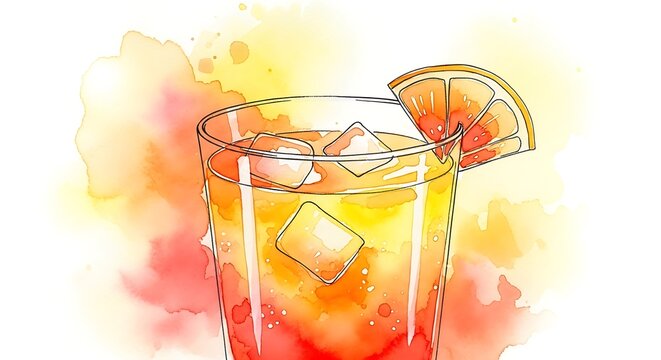 Watercolor painting of a refreshing cocktail with orange slice garnish.