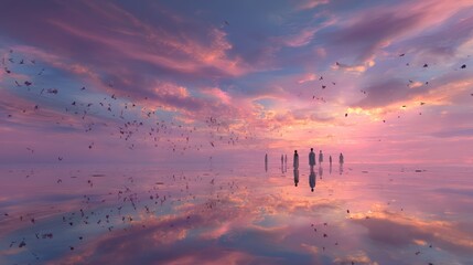 Dreamlike Whimsical Scene with Soft Pastel Sky and Silhouettes