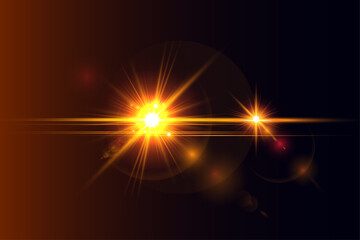 Golden Cinematic Lens flare Vector, Radiant Multi-Beam Light Burst Glowing Flare Streak Vector, Bright Film Lighting Effect Illustration