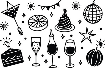 Party and celebration doodle elements: cake, drinks, disco ball, hat