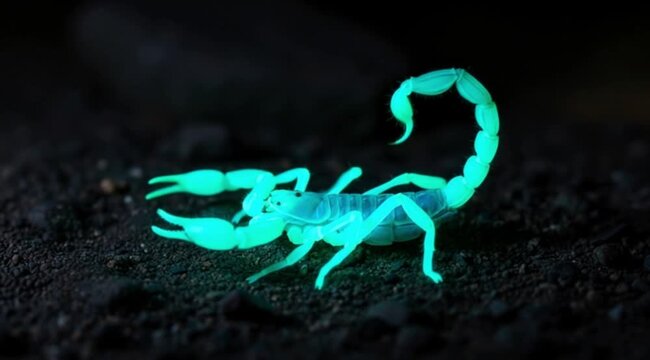 Glowing scorpion moving across dark sand