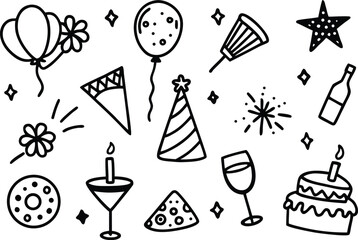 Celebration doodle elements: balloons, cake, party hat, drink, and confetti