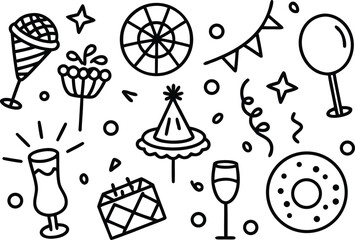 Party icons collection: microphone, cake, donut, champagne, hat