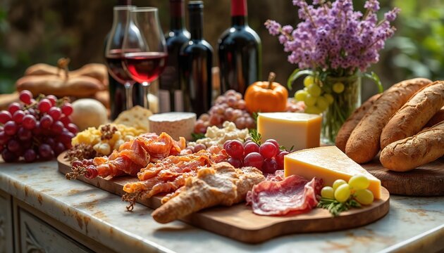 French charcuterie buffet with cheese board, wine, pastries on marble counter. Food arrangement includes cured meats, grapes, cheese, bread. Wine bottles and glasses on table with flowers.