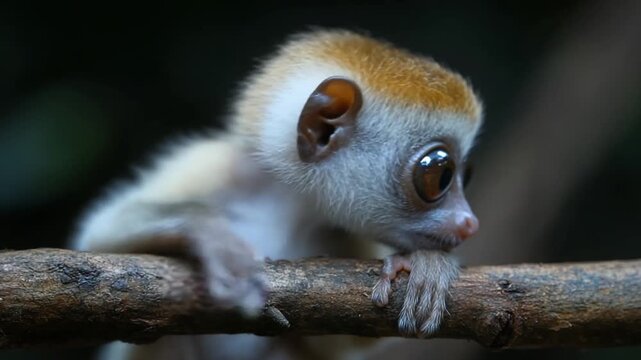 Adorable Baby Slow Loris with Big Eyes Clinging to a Branch at Night.