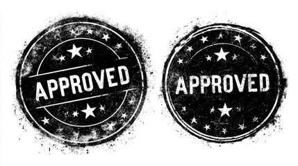 Fototapeta premium Circular stamp with star border, APPROVED in center, grunge texture, ink smudge details