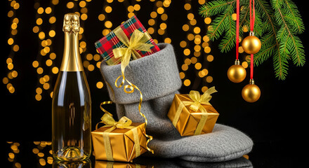 Champagne Bottle with Christmas Stocking and Gold Gifts on Dark Festive Background