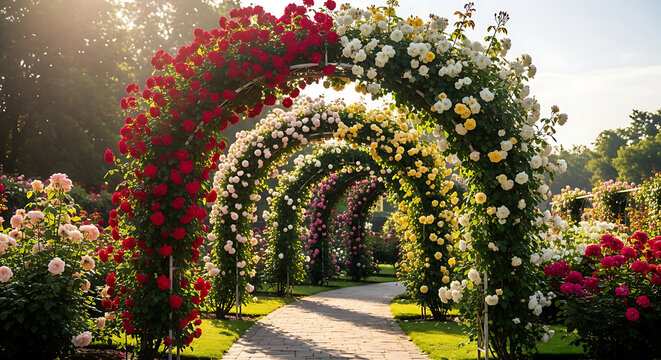 A beautiful and vibrant stone pathway leading through a repeating tunnel of rose-covered arches, emphasizing the striking contrast of deep red and pure white blooms.