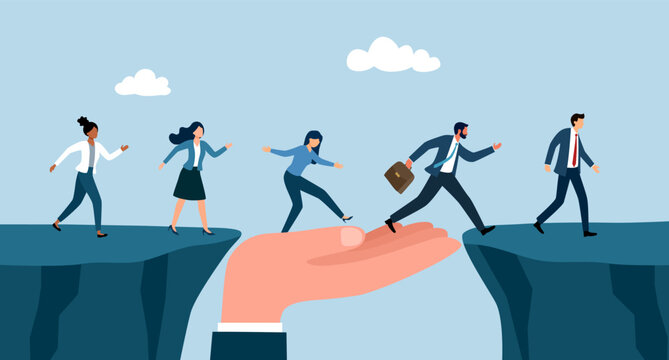 Support or help to solve problem, manager mentorship or coaching to help team success, leadership to guide employee to achieve goal concept. Hand help business people cross the problem gap.