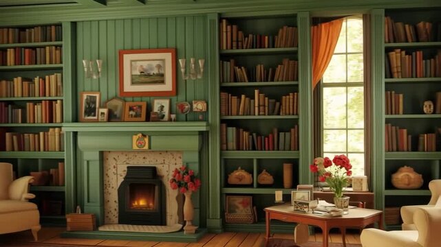 A cozy cape cod living room featuring a green bookshelf filled with books, a fireplace with a decorative mantel, a comfortable armchair, and a coffee table with flowers and photographs