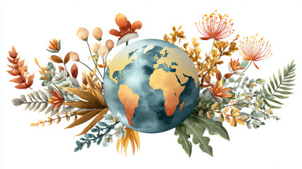 Earth in watercolor surrounded by native flora from different regions