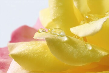 A captivating close-up of a blooming yellow rose, with delicate petals glistening with morning dew.