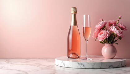 Elegant pink champagne on marble table with flowers. Bottle and glass on white marble stand. Pink flowers in vase. Celebration setup with rose champagne.