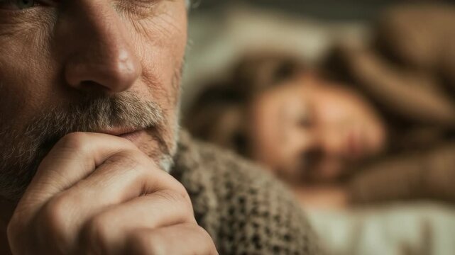 Mature man pondering, hand on chin, feeling deep concern about erectile dysfunction, male intimate problems, and sexual performance challenges affecting his personal life.