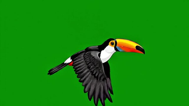 Animated Toucan Bird Flying in a Loop on Chroma Key Green Screen Background, Detailed Cartoon Style Digital Illustration for Nature, Wildlife, or Tropical Design Projects