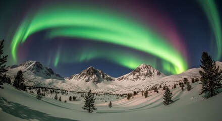 Stunning Aurora Borealis over Snow-Covered Mountains and Pine Trees at Night.