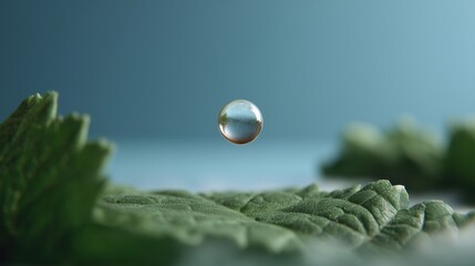 A perfect water droplet suspends weightlessly against a blurred background, highlighting its pristine clarity, near a detailed green leaf. Capturing the essence of purity and fragility.