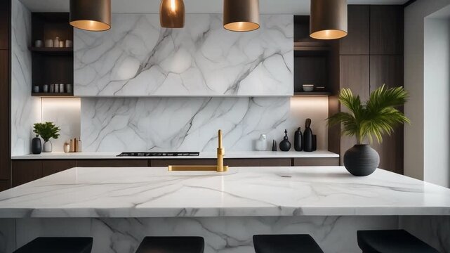 Modern luxury kitchen interior with marble countertop and sleek cabinetry