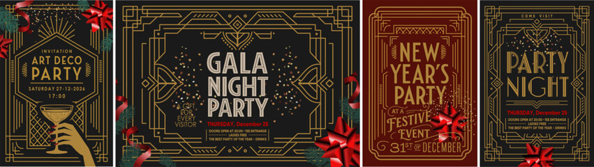 Elegant Art Deco party posters with gold geometric frame, festive confetti. Luxurious vintage design for gala invitation, New Year event, holiday party, and glamorous celebration 