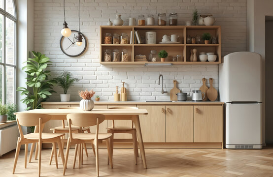 Light wood modern kitchen with dining area. Open plan space features brick wall, open shelves with jars, white fridge. Plants add fresh green. - Powered by Adobe