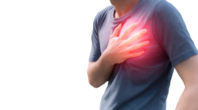 Man holding chest, mid-chest pain, potential heart condition concept, isolated on white